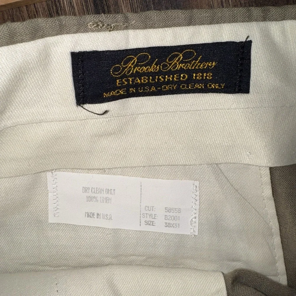 Vtg USA Made Brooks Brothers 38x30 Khaki Herringbone Linen Pleated Cuffed Pants